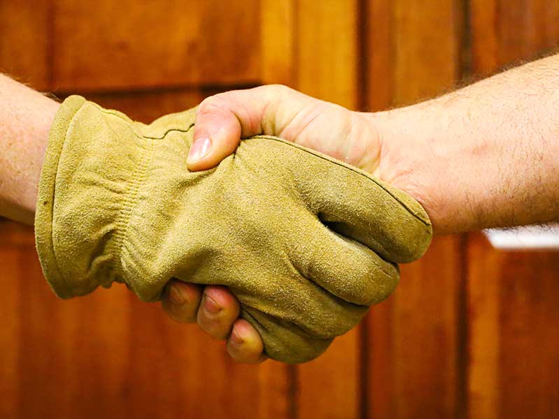 A handshake where the hand on the left has a worker glove on and the hand on the right is bare